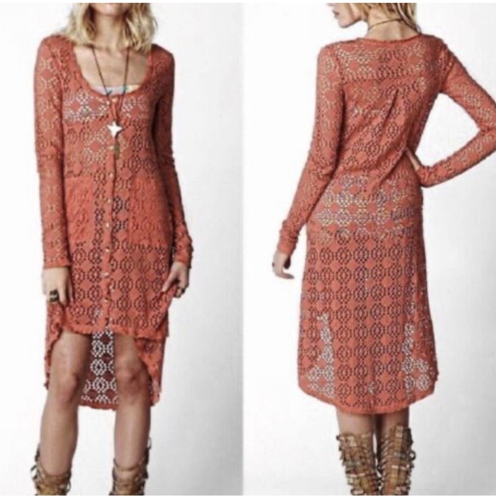Free People Beach Cover-Up Womens XS Eyelet Dress Button Up Kimono High Low